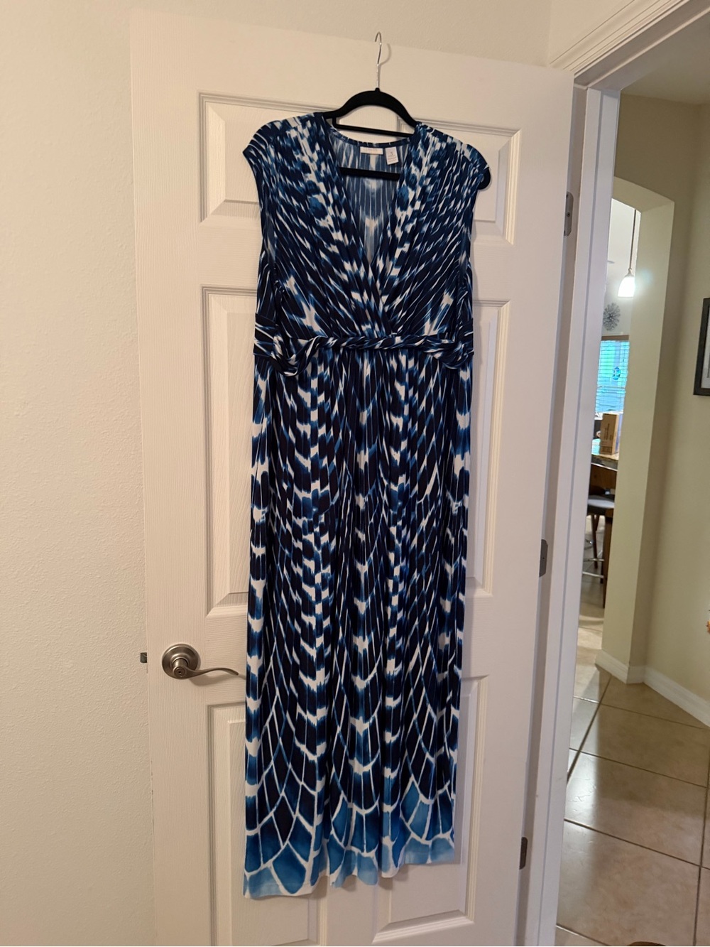 Chico's Blue & White Patterned Cap-Sleeve Maxi Dress